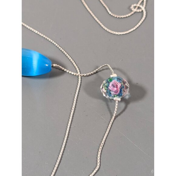 Croft & Barrow Blue Glass Cats Eye Pink Rose Flower Bead Multi Chain Necklace NE - Picture 4 of 11